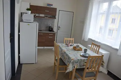 a kitchen with a table with chairs and a refrigerator at Apartmán Kampelička in Rataje nad Sázavou
