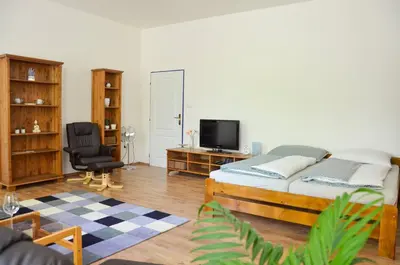 a bedroom with a bed and a desk and a chair at Apartmán Kampelička in Rataje nad Sázavou