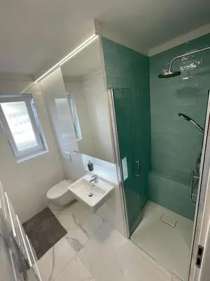 a bathroom with a shower and a toilet and a sink at Apartmán U Kolonády, Poděbrady in Poděbrady