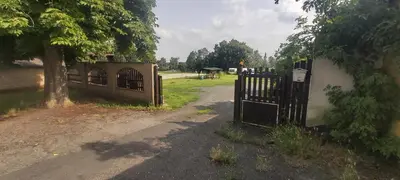 a gate in a yard with a tree and a road at Bungalov Silvie in Litoměřice