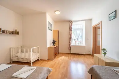 a bedroom with two beds and a window at Apartmán v Ladově kraji in Ondřejov