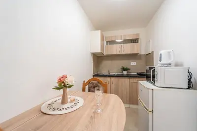 a kitchen with a table with a vase of flowers on it at Apartmán v Ladově kraji in Ondřejov