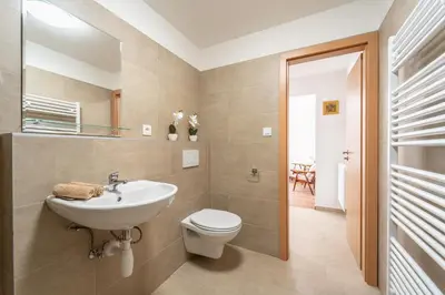 a bathroom with a sink and a toilet and a mirror at Apartmán v Ladově kraji in Ondřejov