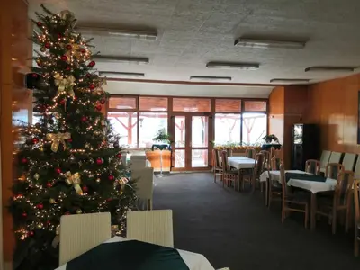 a christmas tree in a restaurant with tables and chairs at Hotel Berounka in Hřebečníky