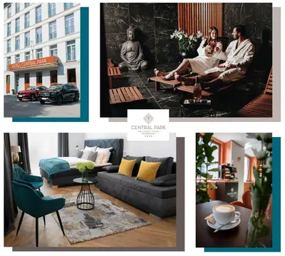 a collage of photos of a living room with a couch at Hotel Central Park in Poděbrady