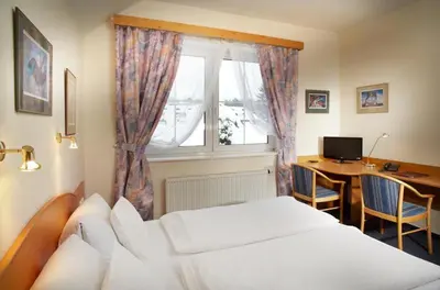 a bedroom with a bed and a desk and a window at Pension Kern in Prague