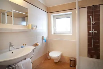 a bathroom with a sink and a toilet and a window at Pension Kern in Prague