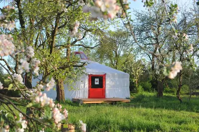 a barn with a red door in a field with trees at Jurty v Sadu in Český Brod