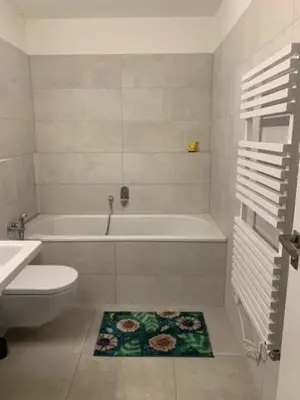 a bathroom with a tub and a toilet and a rug at byt Panorama Hlubočepy in Prague
