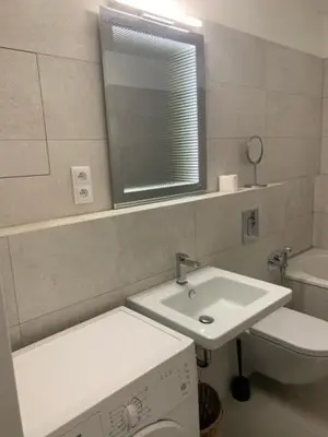 a bathroom with a sink and a toilet and a mirror at byt Panorama Hlubočepy in Prague