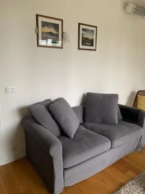 a couch in a living room with two pictures on the wall at byt Panorama Hlubočepy in Prague