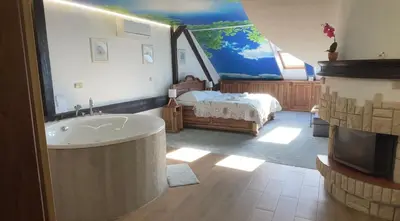 a bathroom with a tub and a bed in a room at Hotel & wellness Hejtmanka in Mladá Boleslav