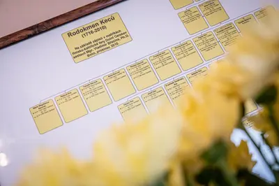 a menu for a restaurant with yellow flowers in the foreground at Vila Lumír in Poděbrady