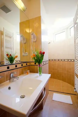 a bathroom with a sink and a vase of flowers at Anna Hotel in Prague