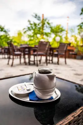 a tea pot sitting on top of a table at Expo Hotel in Prague