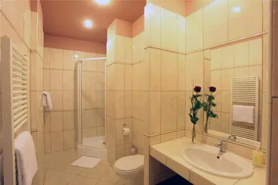 a bathroom with a sink and a toilet and a shower at Atlantic Hotel in Prague