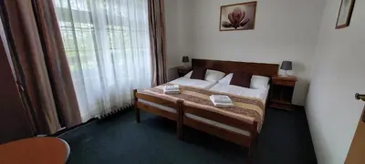a bedroom with a bed and a large window at Hotel Grand in Řevnice