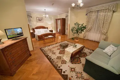 a living room with a tv and a couch and a table at Boutique Hotel Constans in Prague
