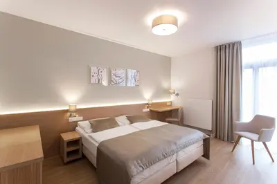 a bedroom with a bed and a desk and a chair at Hotel Carol in Prague