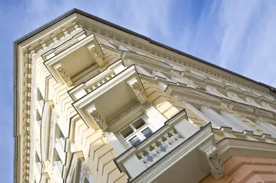 a close up of a building with white architecture at Mamaison Residence Belgická Prague in Prague