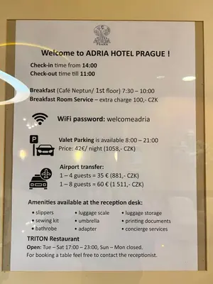 a menu for the aria hotel frisco at Adria Hotel Prague in Prague