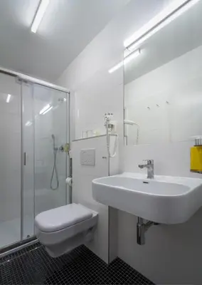 a bathroom with a sink and a toilet and a shower at Hotel White Lion in Prague