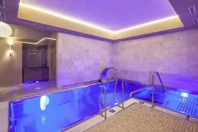 a large swimming pool in a bathroom with purple lighting at Kosher Hotel King David Prague in Prague