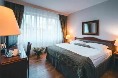 a hotel room with a bed and a desk and a television at Belvedere in Prague