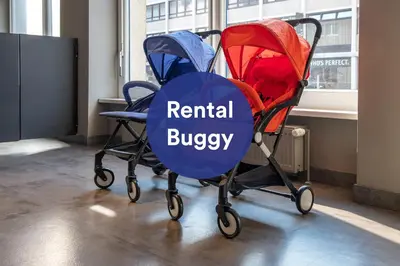 two strollers in an office with the words rental buggy at a&o Prague Rhea in Prague