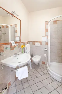 a bathroom with a sink and a toilet and a shower at Hotel Tivoli Prague in Prague