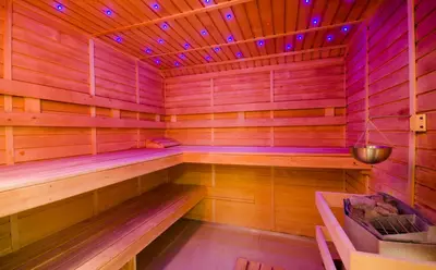 an empty sauna with wooden walls and ceilings at Boutique Hotel Seven Days in Prague