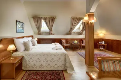 a hotel room with a bed and chairs and windows at Boutique Hotel Seven Days in Prague