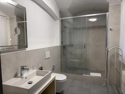 a bathroom with a shower and a sink and a toilet at The Golden Wheel Hotel in Prague
