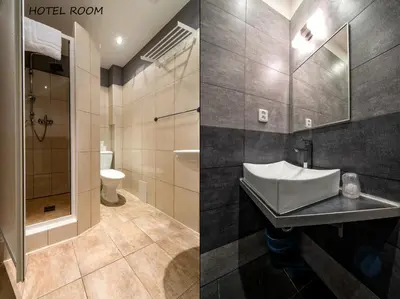 a bathroom with a sink and a shower and a toilet at Hotel Otakar in Prague