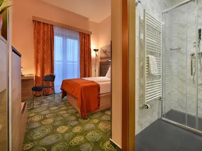 a hotel room with a bed and a shower at Ramada Airport Hotel Prague in Prague