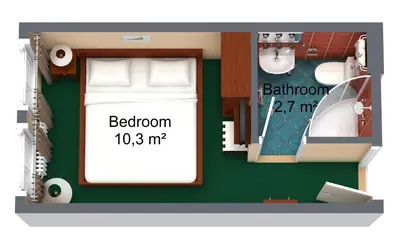 a floor plan of a room with a bed and a bathroom at Hotel William in Prague