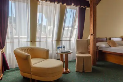 a bedroom with a bed and a chair and a bed and window at Hotel William in Prague