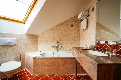 a bathroom with a tub and a toilet and a sink at Hotel U Divadla - Czech Leading Hotels in Prague