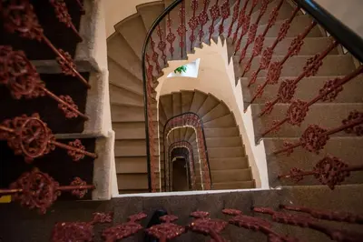 a view of a stairway with red and white stairs at Hotel City Bell in Prague