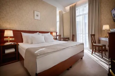 a hotel room with a large bed and a window at Hotel Rott in Prague
