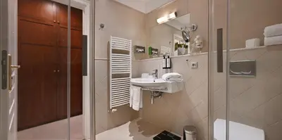 a bathroom with a sink and a shower at Hotel Rott in Prague