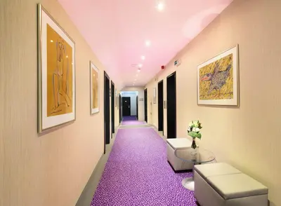 a corridor with a purple carpet in a hallway at Ametyst Hotel Praha in Prague