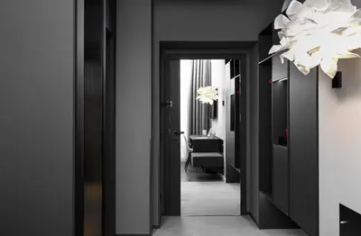 a hallway with black walls and a chandelier at THE MANES Boutique Hotel Prague in Prague