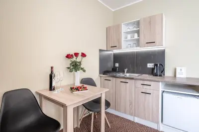 a small kitchen with a table and chairs and a sink at Hotel Brixen in Prague
