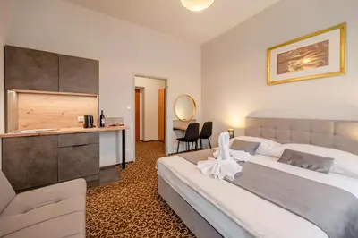 a hotel room with a bed and a desk at Hotel Brixen in Prague