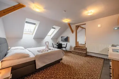 a bedroom with a large bed and a bathroom at Hotel Brixen in Prague