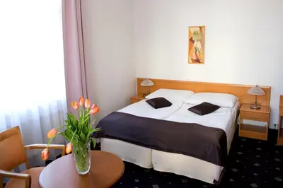 a hotel room with a bed and a vase with flowers at Máchova in Prague