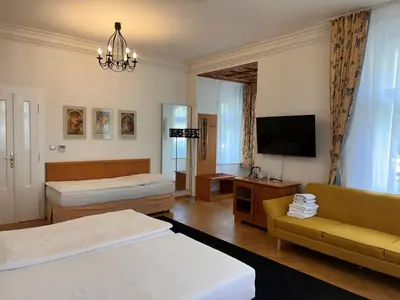 a hotel room with two beds and a television at Residence Dykova - former Pension Jana, Domov Mládeže in Prague