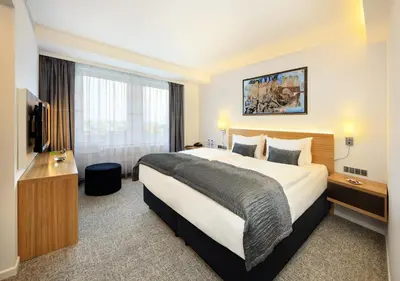 a hotel room with a large bed and a television at Hotel Duo & Wellness in Prague