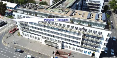 an overhead view of a building with a parking philadelphia sign at Akcent hotel in Prague